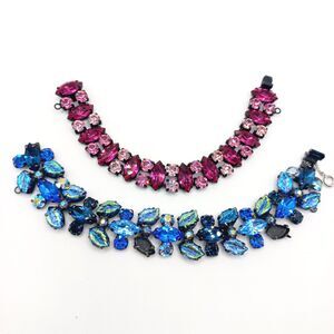 Pair of Signed REGENCY Bracelets Blue Aurora Leaves Rhinestones & Dazzling Pink